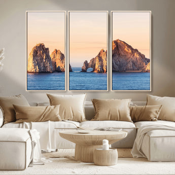 72996116-MGV-CV-36X24-El Arco Wall Art Canvas Print, Framed Cabo Rocks Art Picture Print, Ocean Arch Perfect Golden Coastal Landmark Decor Artwork