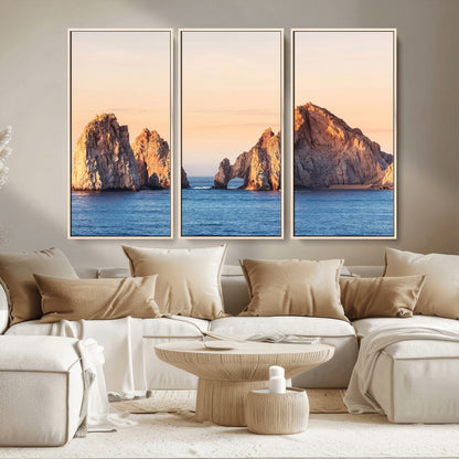 72996116-MGV-CV-36X24-El Arco Wall Art Canvas Print, Framed Cabo Rocks Art Picture Print, Ocean Arch Perfect Golden Coastal Landmark Decor Artwork