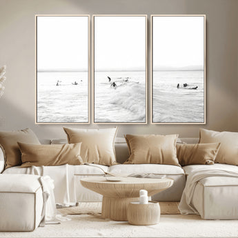 33449548-MGV-CV-36X24-Group Surfers Wall Art Canvas Print, Framed Ocean Wave Art Picture Print, Surf Crowd Perfect Monochrome Surf Decor Artwork
