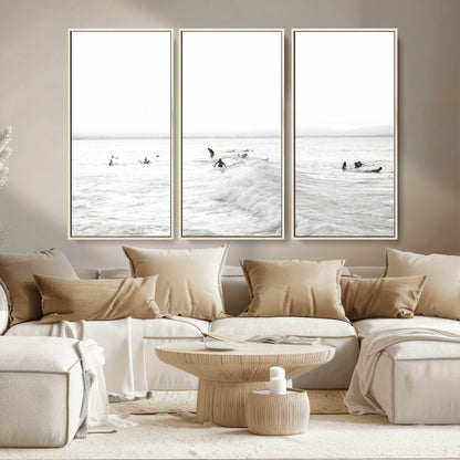 33449548-MGV-CV-36X24-Group Surfers Wall Art Canvas Print, Framed Ocean Wave Art Picture Print, Surf Crowd Perfect Monochrome Surf Decor Artwork