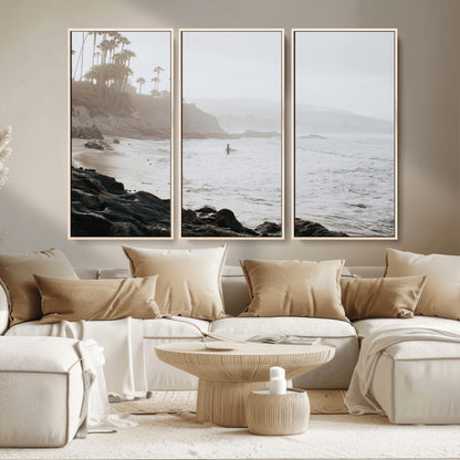 62501405-MGV-CV-36X24-Misty Beach Wall Art Canvas Print, Framed California Surfer Art Picture Print, Coastal Cliff Perfect Coastal Beach Decor Artwork