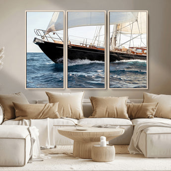 97168626-MGV-CV-36X24-Sailing Yacht Wall Art Canvas Print, Framed Wooden Yacht Art Picture Print, Ocean Waves Perfect Nautical Coastal Decor Artwork