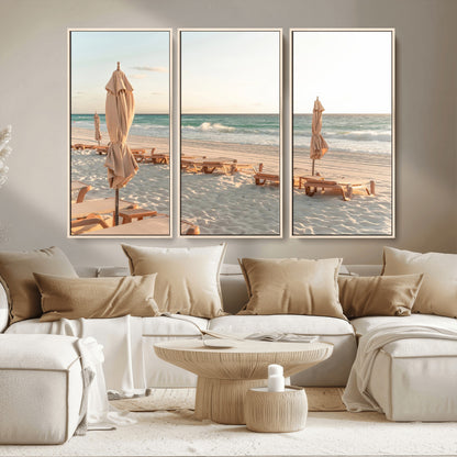 58507949-MGV-CV-36X24-Beach Umbrellas Wall Art Canvas Print, Framed Empty Loungers Art Picture Print, Soft Sand Perfect Minimalist Seaside Decor Artwork