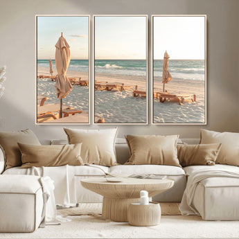 58507949-MGV-CV-36X24-Beach Umbrellas Wall Art Canvas Print, Framed Empty Loungers Art Picture Print, Soft Sand Perfect Minimalist Seaside Decor Artwork