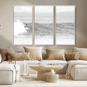 81535128-MGV-CV-36X24-Surfer Woman Wall Art Canvas Print, Framed Black Ocean Art Picture Print, Ocean Surfing Perfect Monochrome Coastal Decor Artwork