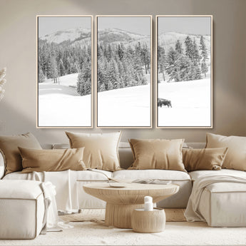 68081143-MGV-CV-36X24-Snowy Bison Wall Art Canvas Print, Framed Winter Forest Art Picture Print, Lone Bison Perfect Monochrome Winter Wild Decor Artwork