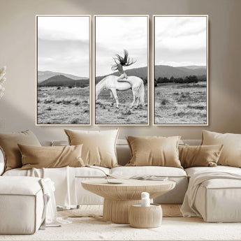 62789800-MGV-CV-36X24-White Horse Wall Art Canvas Print, Framed Woman Rider Art Picture Print, Equestrian Pose Perfect Western Boho Decor Artwork