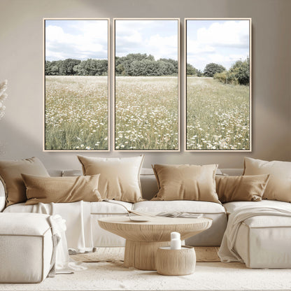 43258946-MGV-CV-36X24-Daisy Field Wall Art Canvas Print, Framed Pastel Flower Art Picture Print, Meadow Bloom Perfect Scandinavian Minimalist Decor