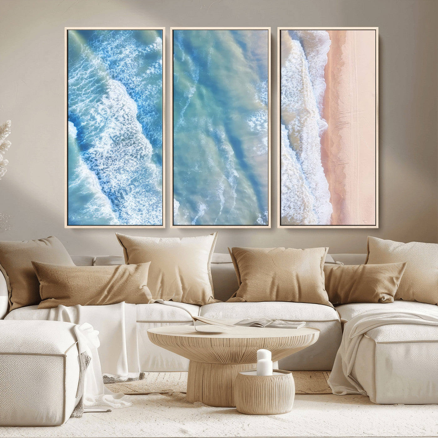 17641845-MGV-FC-48X32-3P_Natural-Aerial Ocean Wall Art Canvas Print, Framed Blue Waves Art Picture Print, Sandy Shoreline Perfect Modern Coastal Decor Artwork