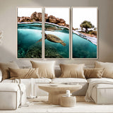 44200301-MGV-CV-36X24-Sea Turtle Swim Wall Art Canvas Print, Framed Ocean Life Art Picture Print, Tropical Shoreline Perfect Tropical Coastal Decor