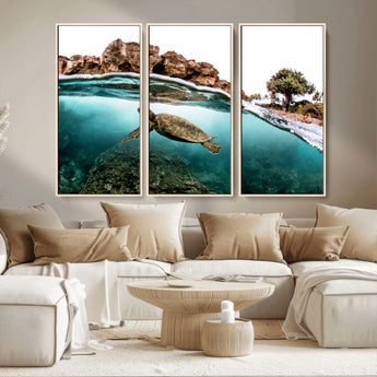 44200301-MGV-CV-36X24-Sea Turtle Swim Wall Art Canvas Print, Framed Ocean Life Art Picture Print, Tropical Shoreline Perfect Tropical Coastal Decor
