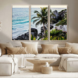94669907-MGV-CV-36X24-Tropical Coastline Wall Art Canvas Print, Framed Palm Tree Art Picture Print, Rocky Beach Perfect Tropical Coastal Decor Artwork