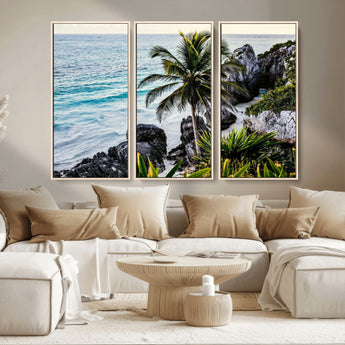 94669907-MGV-CV-36X24-Tropical Coastline Wall Art Canvas Print, Framed Palm Tree Art Picture Print, Rocky Beach Perfect Tropical Coastal Decor Artwork