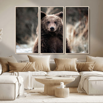 47112103-MGV-CV-36X24-Brown Bear Wall Art Canvas Print, Framed Forest Wildlife Art Picture Print, Woodland Bear Perfect Rustic Cabin Decor Artwork