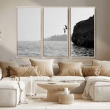 52284302-MGV-CV-36X24-Cliff Jumping Wall Art Canvas Print, Framed Ocean Adventure Art Picture Print, Black White Coast Perfect Modern Coastal Decor