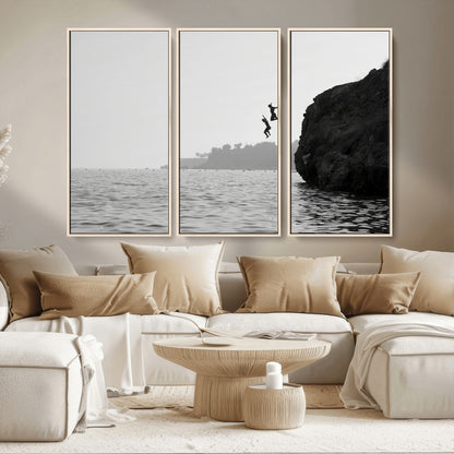 52284302-MGV-CV-36X24-Cliff Jumping Wall Art Canvas Print, Framed Ocean Adventure Art Picture Print, Black White Coast Perfect Modern Coastal Decor