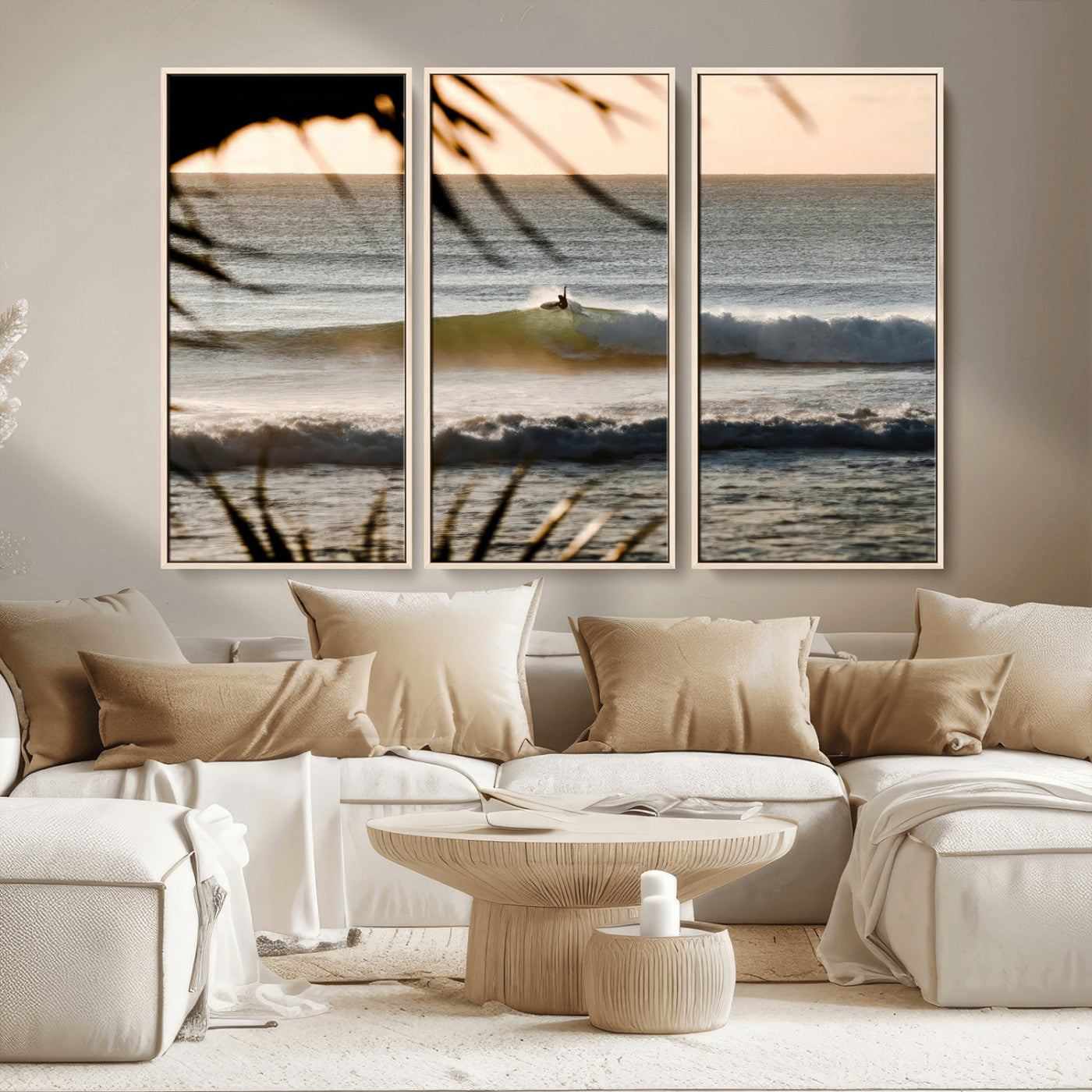 24896468-MGV-FC-48X32-3P_Natural-Sunset Surf Wall Art Canvas Print, Framed Golden Waves Art Picture Print, Tropical Ocean Perfect Tropical Boho Decor Artwork