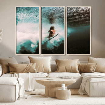 85923512-MGV-CV-36X24-Aquatic Motion Wall Art Canvas Print, Framed Underwater Swimming Art Picture Print, Female Surfer Diving Perfect Coastal Boho