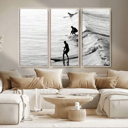 19875284-MGV-CV-36X24-Surfer Waves Wall Art Canvas Print, Framed Black White Surf Art Picture Print, Monochrome Ocean Perfect Modern Coastal Decor