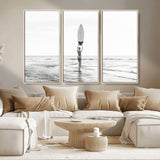 98446901-MGV-CV-36X24-Monochrome Surf Wall Art Canvas Print, Framed Minimalist Surfer Art Picture Print, Surfboard Silhouette Perfect Coastal Minimalist