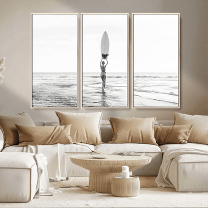 98446901-MGV-CV-36X24-Monochrome Surf Wall Art Canvas Print, Framed Minimalist Surfer Art Picture Print, Surfboard Silhouette Perfect Coastal Minimalist