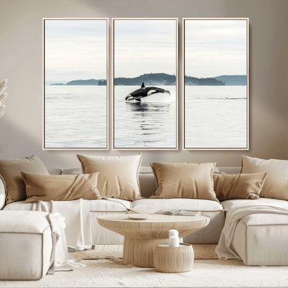 10157174-MGV-CV-36X24-Orca Whale Wall Art Canvas Print, Framed Black White Whale Art Picture Print, Minimalist Ocean Perfect Coastal Minimalist Decor