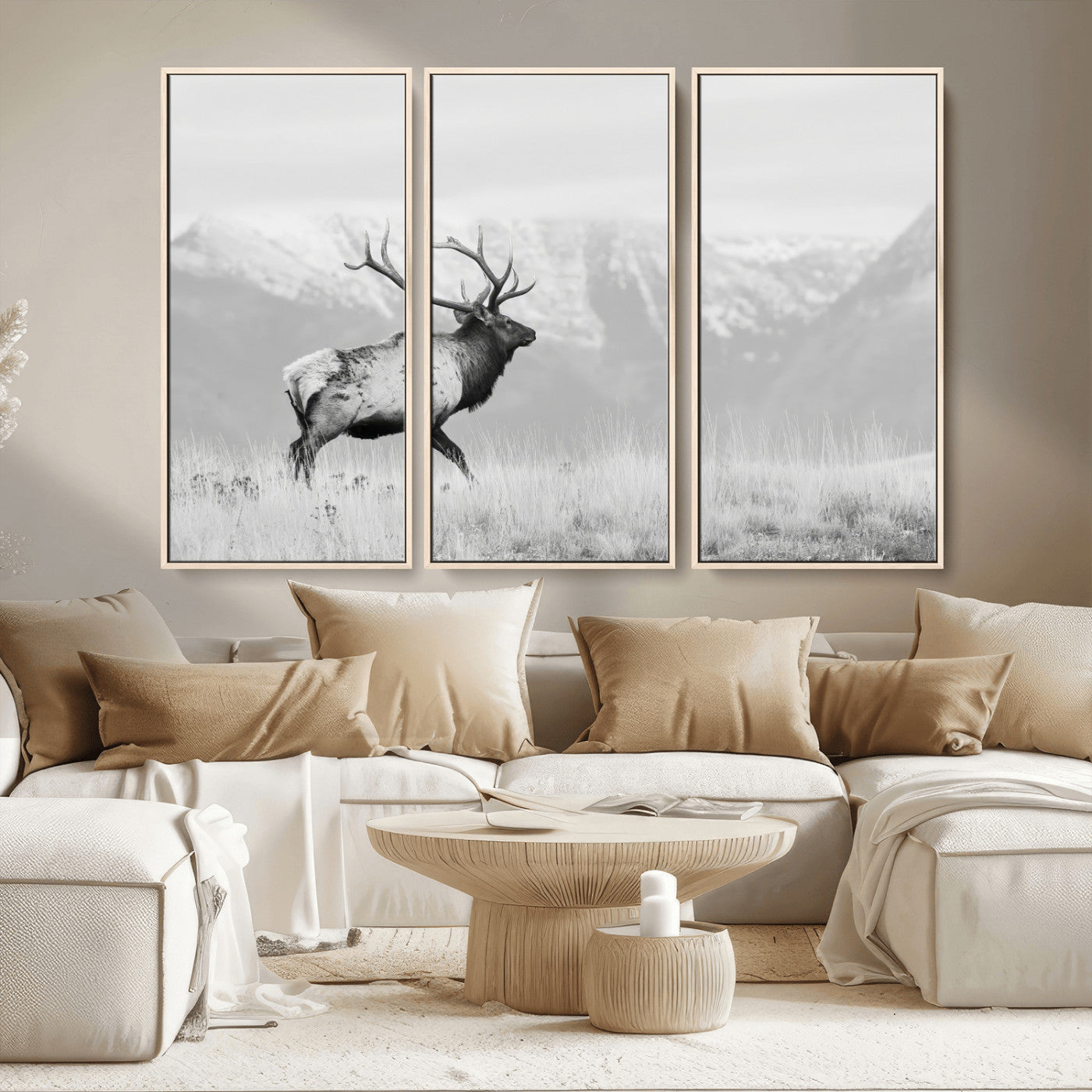 62278753-MGV-CV-36X24-Monochrome Elk Wall Art Canvas Print, Framed Mountain Wildlife Art Picture Print, Rustic Nature Perfect Rustic Minimalist Decor