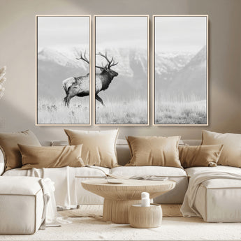 62278753-MGV-CV-36X24-Monochrome Elk Wall Art Canvas Print, Framed Mountain Wildlife Art Picture Print, Rustic Nature Perfect Rustic Minimalist Decor