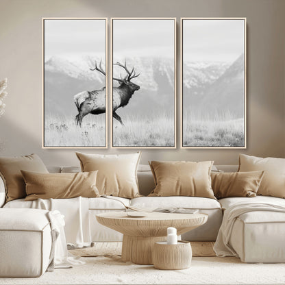 62278753-MGV-CV-36X24-Monochrome Elk Wall Art Canvas Print, Framed Mountain Wildlife Art Picture Print, Rustic Nature Perfect Rustic Minimalist Decor