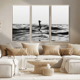 69541918-MGV-CV-36X24-Black White Ocean Wall Art Canvas Print, Framed Moody Seascape Art Picture Print, Surfer Sign Perfect Moody Minimalist Decor