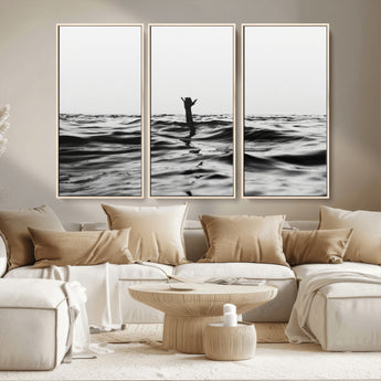 69541918-MGV-CV-36X24-Black White Ocean Wall Art Canvas Print, Framed Moody Seascape Art Picture Print, Surfer Sign Perfect Moody Minimalist Decor