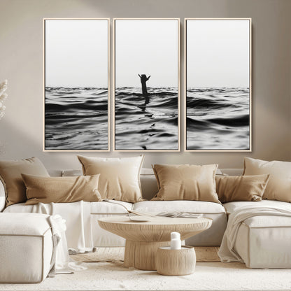 69541918-MGV-CV-36X24-Black White Ocean Wall Art Canvas Print, Framed Moody Seascape Art Picture Print, Surfer Sign Perfect Moody Minimalist Decor