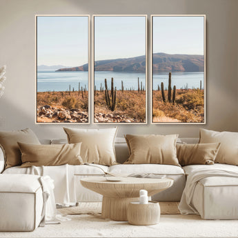 45193515-MGV-CV-36X24-Desert Cactus Wall Art Canvas Print, Framed Baja Coastline Art Picture Print, Coastal Desert Perfect Southwestern Minimalist Decor