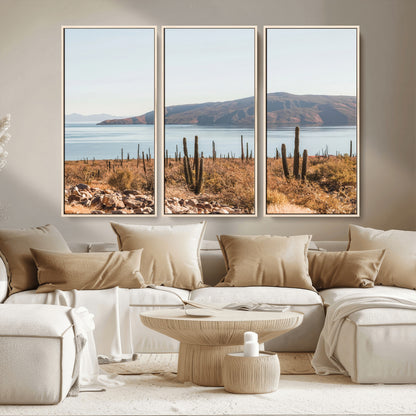 45193515-MGV-CV-36X24-Desert Cactus Wall Art Canvas Print, Framed Baja Coastline Art Picture Print, Coastal Desert Perfect Southwestern Minimalist Decor