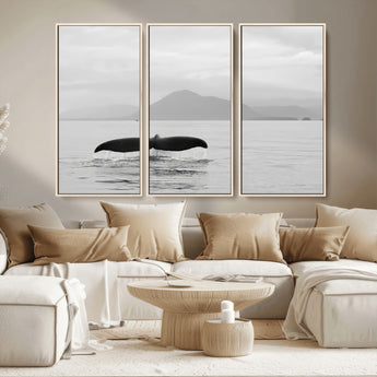 30524220-MGV-CV-36X24-Whale Tail Wall Art Canvas Print, Framed Black White Ocean Art Picture Print, Calm Marine Perfect Minimalist Coastal Decor Artwork