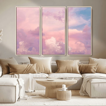 22874890-MGV-FC-48X32-3P_Natural-Pastel Sky Wall Art Canvas Print, Framed Dreamy Cloudscape Art Picture Print, Sunset Glow Perfect Minimalist Serenity Decor