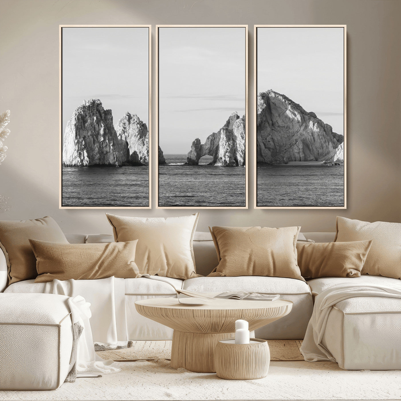 18810731-MGV-CV-36X24-Rugged Coastline Wall Art Canvas Print, Framed Ocean Cliffs Art Picture Print, Monochrome Seascape Perfect Coastal Minimalist