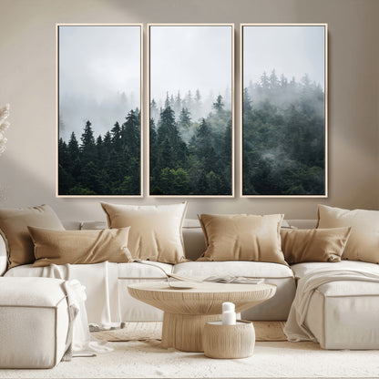 84146572-MGV-CV-36X24-Foggy Pine Trees Wall Art Canvas Print, Framed Forest Nature Art Picture Print, Evergreen Forest Perfect Scandinavian Minimalist