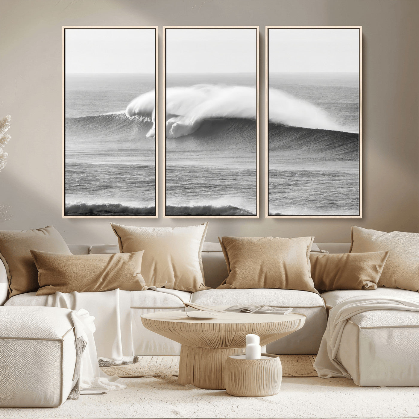 42544082-MGV-FC-48X32-3P_Natural-Monochrome Seascape Wall Art Canvas Print, Framed Surf Wave Art Picture Print, Minimalist Ocean Perfect Moody Coastal Decor
