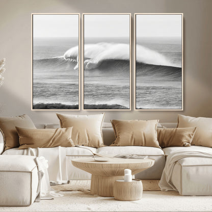 42544082-MGV-FC-48X32-3P_Natural-Monochrome Seascape Wall Art Canvas Print, Framed Surf Wave Art Picture Print, Minimalist Ocean Perfect Moody Coastal Decor