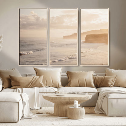 57669769-MGV-CV-36X24-Misty Coastal Wall Art Canvas Print, Framed Golden Sunset Art Picture Print, Serene Shoreline Perfect Tranquil Coastal Decor