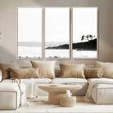 40875891-MGV-CV-36X24-SurferCliffs Wall Art Canvas Print, Framed Black White Beach Art Picture Print, Ocean Waves Perfect Minimalist Coastal Decor