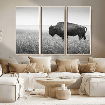 28435251-MGV-CV-36X24-Bison In Prairie Wall Art Canvas Print, Framed Rustic Wildlife Art Picture Print, Wild Buffalo Perfect Rustic Western Decor