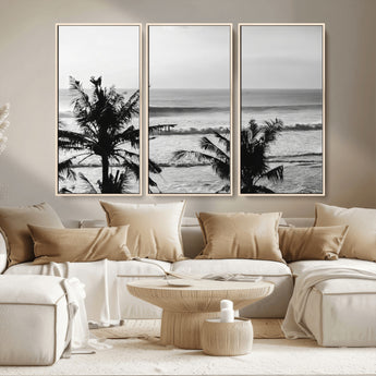 17508038-MGV-FC-48X32-3P_Natural-Tropical Coastline Wall Art Canvas Print, Framed Palm Trees Art Picture Print, Ocean Waves Perfect Minimalist Coastal Decor