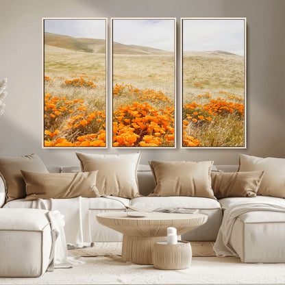 28972262-MGV-CV-36X24-Golden Wildflowers Wall Art Canvas Print, Framed Hills Bloom Art Picture Print, Poppy Meadow Perfect Rustic Nature Decor Artwork