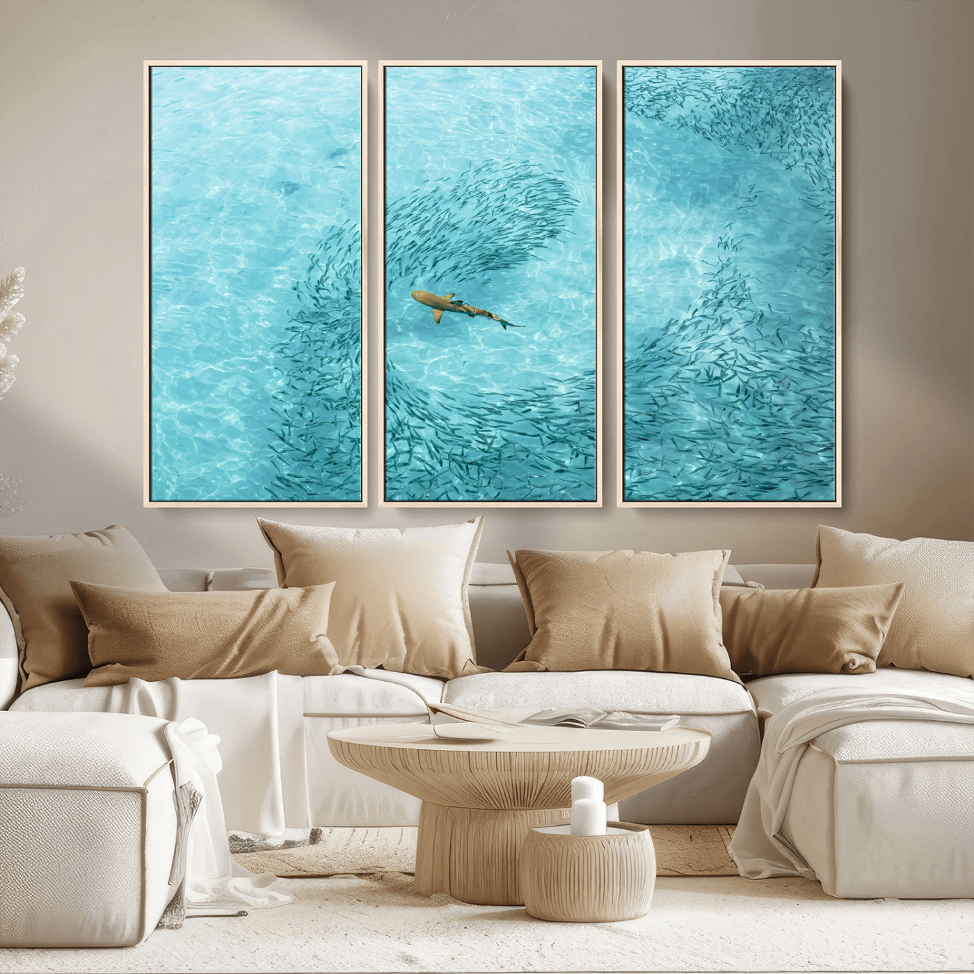 43671474-MGV-CV-36X24-Fish Swarm Wall Art Canvas Print, Framed Marine Life Art Picture Print, Shark Aerial Perfect Wildlife Coastal Decor Artwork