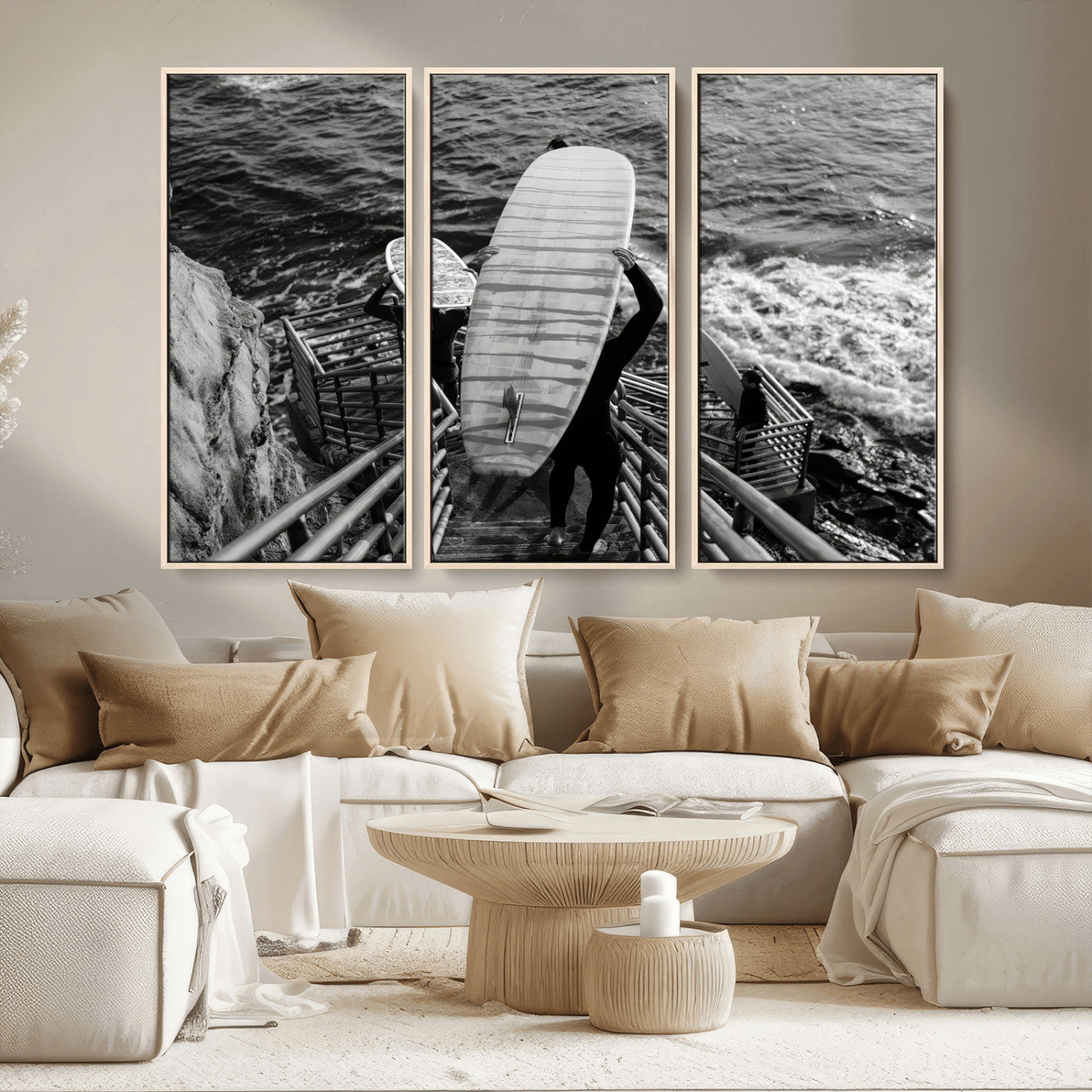 32353707-MGV-CV-36X24-Black White Surfing Wall Art Canvas Print, Framed Coastal Surfing Art Picture Print, Wave Riders Perfect Coastal Adventure Decor