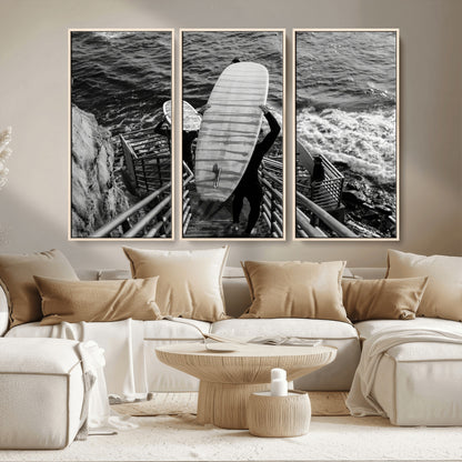 32353707-MGV-CV-36X24-Black White Surfing Wall Art Canvas Print, Framed Coastal Surfing Art Picture Print, Wave Riders Perfect Coastal Adventure Decor