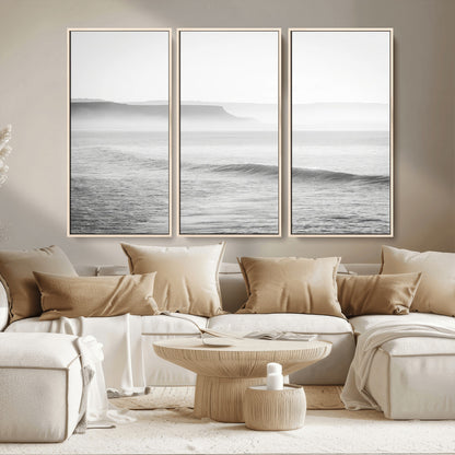 60635783-MGV-CV-36X24-Black White Seascape Wall Art Canvas Print, Framed Ocean Waves Art Picture Print, Misty Coastal Perfect Minimalist Coastal Decor