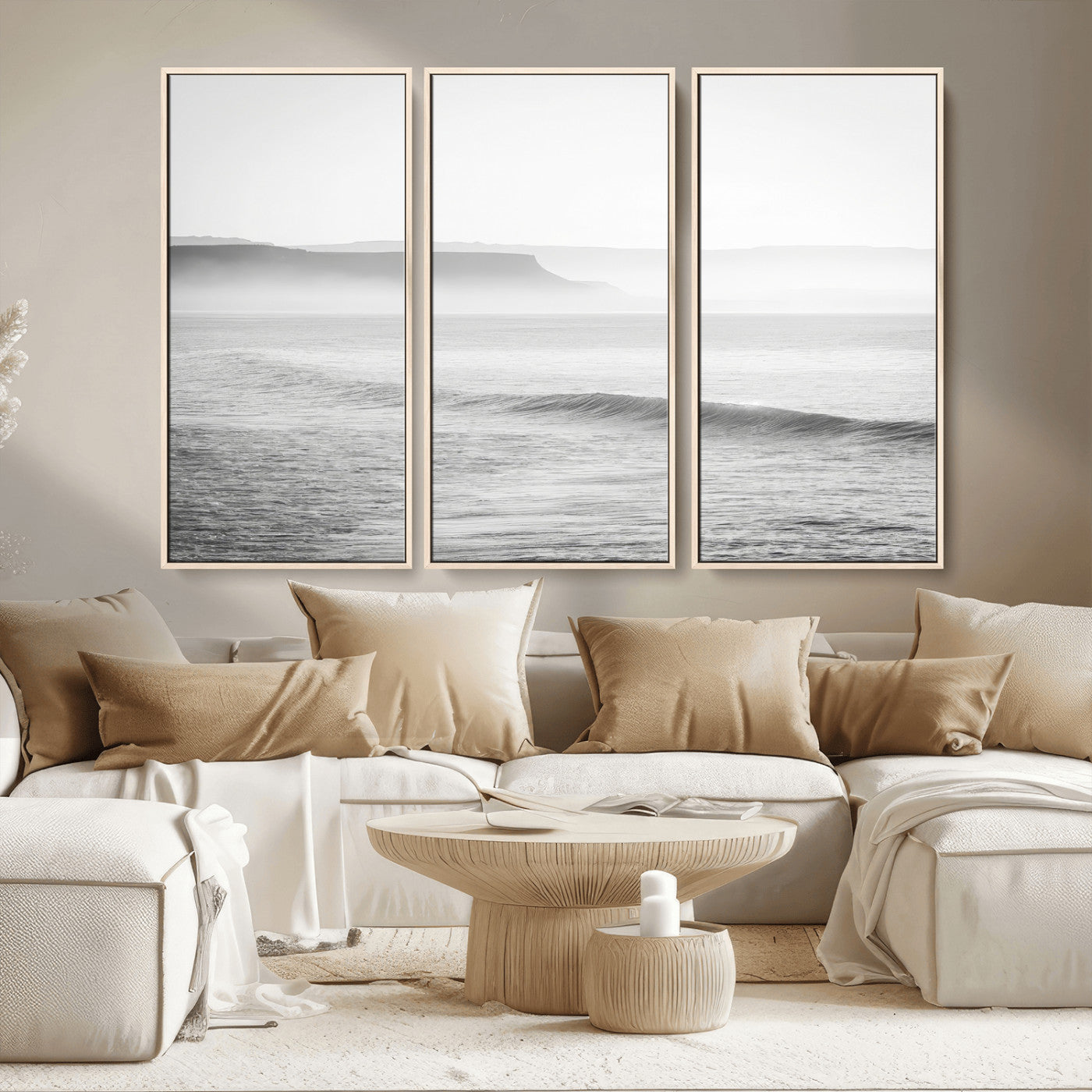 60635783-MGV-CV-36X24-Black White Seascape Wall Art Canvas Print, Framed Ocean Waves Art Picture Print, Misty Coastal Perfect Minimalist Coastal Decor